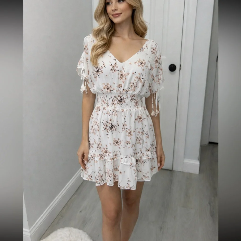 Storia Ivory Floral Smocked Waist Mini Dress